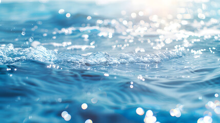 Defocus blurred transparent blue colored clear calm water surface texture with splashes and bubbles...