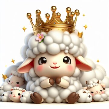3D image cartoon of a very cute sheep with the crown isolated white background