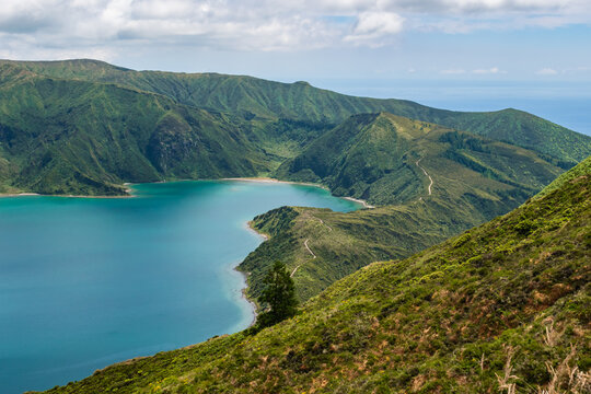 Landscape with turquoise water of Fire Lagoon in aerial view of volcano caldera, São Miguel - Azores PORTUGAL