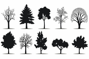 Obraz premium Silhouette tree set. Side view, set of graphic trees elements outline symbol for architecture and landscape design drawing. Vector illustration