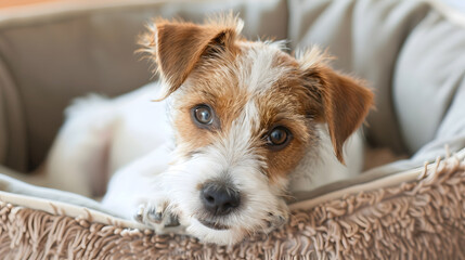 Wire Haired Jack Russell Terrier puppy in the dog bed looking at the camera Small rough coated doggy with funny fur stains resting in a lounger at home Close up copy space background : Generative AI
