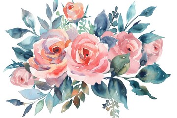 Blushing Watercolor Roses Bouquet with Rustic Greenery and Foliage in Pink and Red Tones