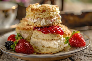 British Afternoon Tea Delight: Baked Scones with Strawberry Jam, Clotted Cream, and Berry Fruits on Cornish Background