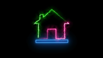 Neon house icon and location house sign icon illustration on black background.