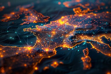 France as a center of global connectivity on a digital map, with electric pulses and energy flows highlighting major tech hubs, detailed cybernetic visuals