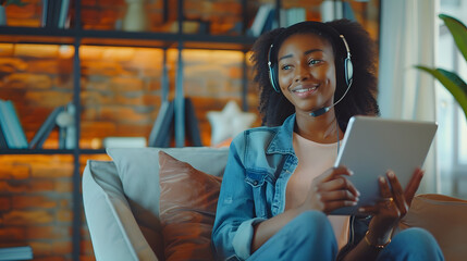 People And Technology Portrait of young smiling black woman in wireless headset holding using digital tablet sitting on chair in living room looking posing at camera free copy space ba : Generative AI