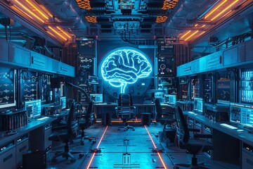 Futuristic artificial intelligence lab with a central cybernetic brain connected to quantum computing terminals through glowing neural circuits