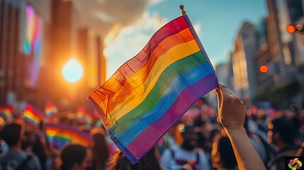 A closeup of a hand holding a small rainbow flag, with a crowd in the background - obrazy, fototapety, plakaty