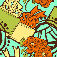 Gift box, ribbon and flowers seamless pattern for wrapping present with bow, party celebration, sale promotion, Textile print, fabric design, banner background. Hand drawn illustration cartoon style.