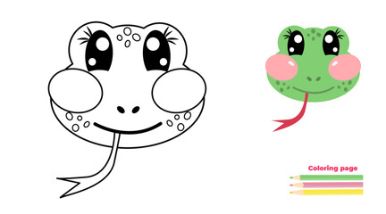 Coloring page illustration with kawaii cute head, face of  snake