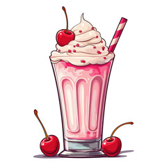Cartoon Erdbeere Diner Milchshake mit Sahne und Kirschen Illustration isoliert transparent hintergrund