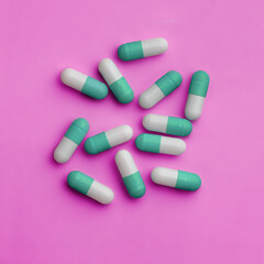 Blue white pills on a pink background. Directly above