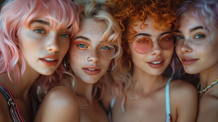 A group of friends with rainbowcolored hair and accessories posing together
