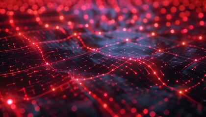 Cybersecurity network grid, digital tech backdrop, aerial view, red and black scheme, intense light