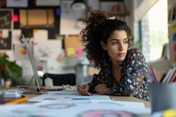 Fototapeta premium Corporate Business Photography of a Creative Woman Sketching Out Design Ideas For Her Startup, Generative AI