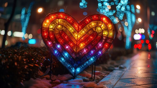 A heartshaped sign made of lights with the colors of the rainbow at a night event