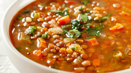 Closeup of a hearty bowl of lentil soup made with a variety of legumes diced vegetables and fragrant herbs. The lentils are soft and comforting and the broth is rich and flavorful. .