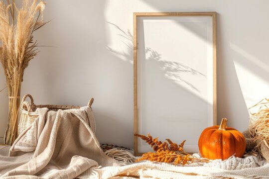 Cozy Fall Blanket & Wicker Basket Frame Mockup with Bohemian Props for Interior Decor in Brown & Orange Palette