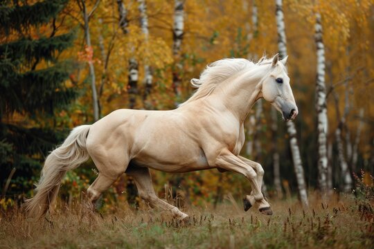 Cremello Akhal Teke Stallion. Proud Horse Trots in Autumn Forest with Blue Eyes and Lean Build