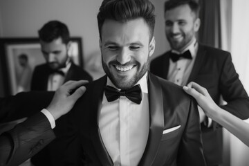 Stylish Groom Getting Ready for Wedding Day! Portrait of Happy Groomsmen Helping Luxury Black Suit Groom with Bow Tie. Space for Text on Best Background