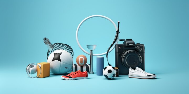 Camera surrounded by soccer balls and assorted items on a vibrant blue background