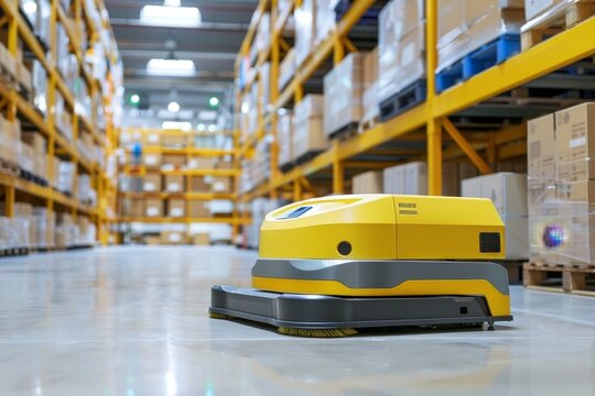 Yellow automatic cleaning robot for daytime maintenance of warehouses and premises