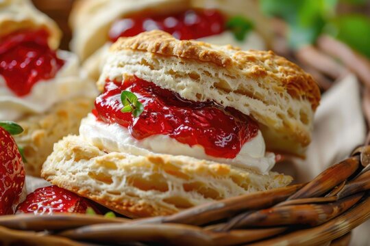 Home-Baked Buttermilk Scones with Strawberry Jam and Clotted Cream. Closeup Photograph of Homemade Biscuits - Fresh Sweet Baked Food