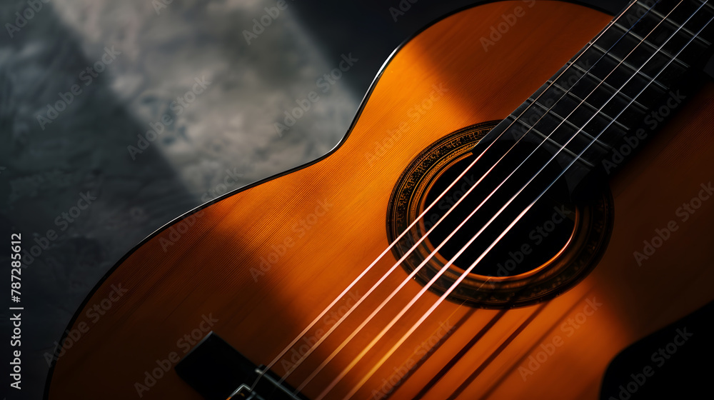 Aufkleber Classical guitar close up dramatically lit on a black background with copy space : Generative AI