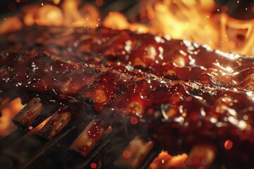 Close-up of ribs covered in a tangy glaze cooking over flames. Hyper realistic. Shot with canon 5d Mark III --ar 3:2 Job ID: 0bd55647-2fcc-44da-8c6b-d1609ee74fb2