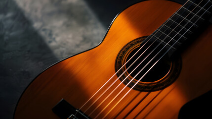 Classical guitar close up dramatically lit on a black background with copy space : Generative AI