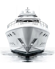 White Luxury Motor Boat - Front View. For Water Lovers: Nautical Vessel for Sea Activities, Speed Boating and Deck Navigation