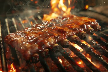 A mouthwatering barbecue grill cooking marinated ribs, creating a sizzling and flavorful dish.