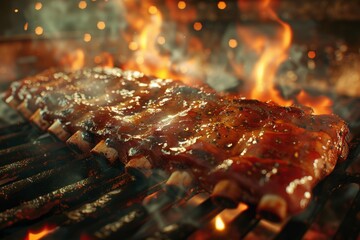 Juicy marinated ribs cooking on a hot barbecue grill, creating a mouthwatering sizzle.