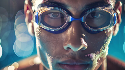 Closeup of a young biracial male athlete swimmer holding swimming goggles at the poolside with copy space ready for a swim the setting suggests a focus on fitness and sport at an indoo : Generative AI - Powered by Adobe