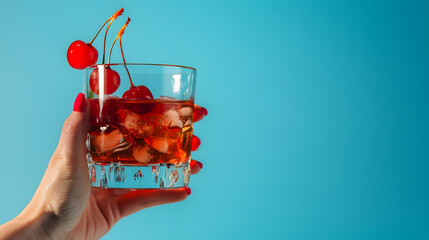 Women hand holding glass with drunk cherry cocktail over blue pop art background Copy space for ad...