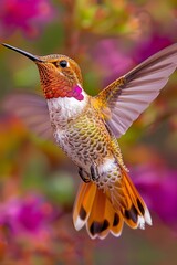 Fototapeta premium Elegant hummingbirds in flight, savoring nectar from vibrant and colorful flowers with precision