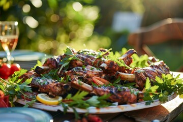 A platter of grilled ribs garnished with fresh herbs, served outdoors on a sunny day.