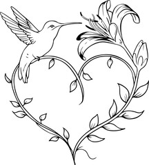line tattoo design featuring a hummingbird hovering near a delicate lily with heart shaped © Khai