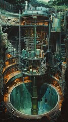 Oil painting capturing a high-angle cross-sectional view of a geothermal power plant Showcase the intricate heat extraction process, turbine room, and electricity genera