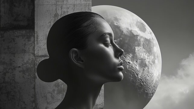 Surreal Portrait of Woman with Moon Imagery, Artistic Black and White Profile