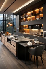 Modern kitchen with panoramic mountain views through large window