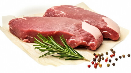 A piece of meat is on a white background with some herbs and spices.