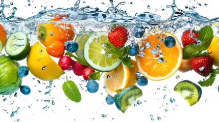 Fresh fruits and vegetables splash in clear water - healthy diet freshness concept