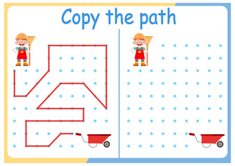 Gardening and gardening activities for children. Copy the path. Logic games for children. Vector illustration. The book is square format. gardener and cart