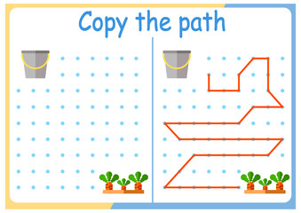 Gardening and gardening activities for children. Copy the path. Logic games for children. Vector illustration. The book is square format. bucket and carrot