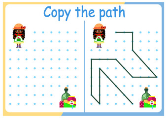 Gardening and gardening activities for children. Copy the path. Logic games for children. Vector illustration. The book is square format. gardener and jam and flowers