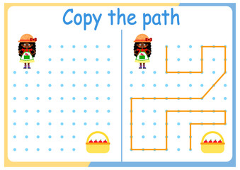 Gardening and gardening activities for children. Copy the path. Logic games for children. Vector illustration. The book is square format. gardener and basket of apples