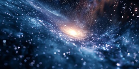 Fototapeta premium Mesmerizing view of a distant galaxy swirling with stars and cosmic dust, illuminated by a radiant light at the center