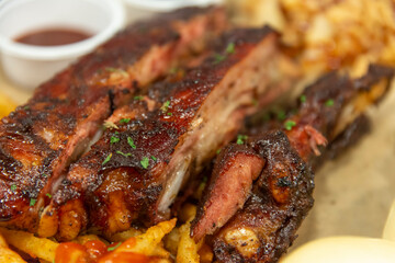 View of the rib barbecue on the plate