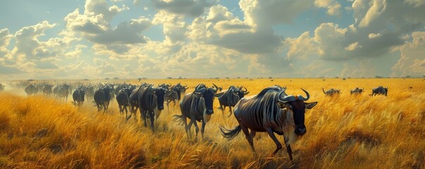 A herd of wildebeest moving gracefully across the open plains. - obrazy, fototapety, plakaty